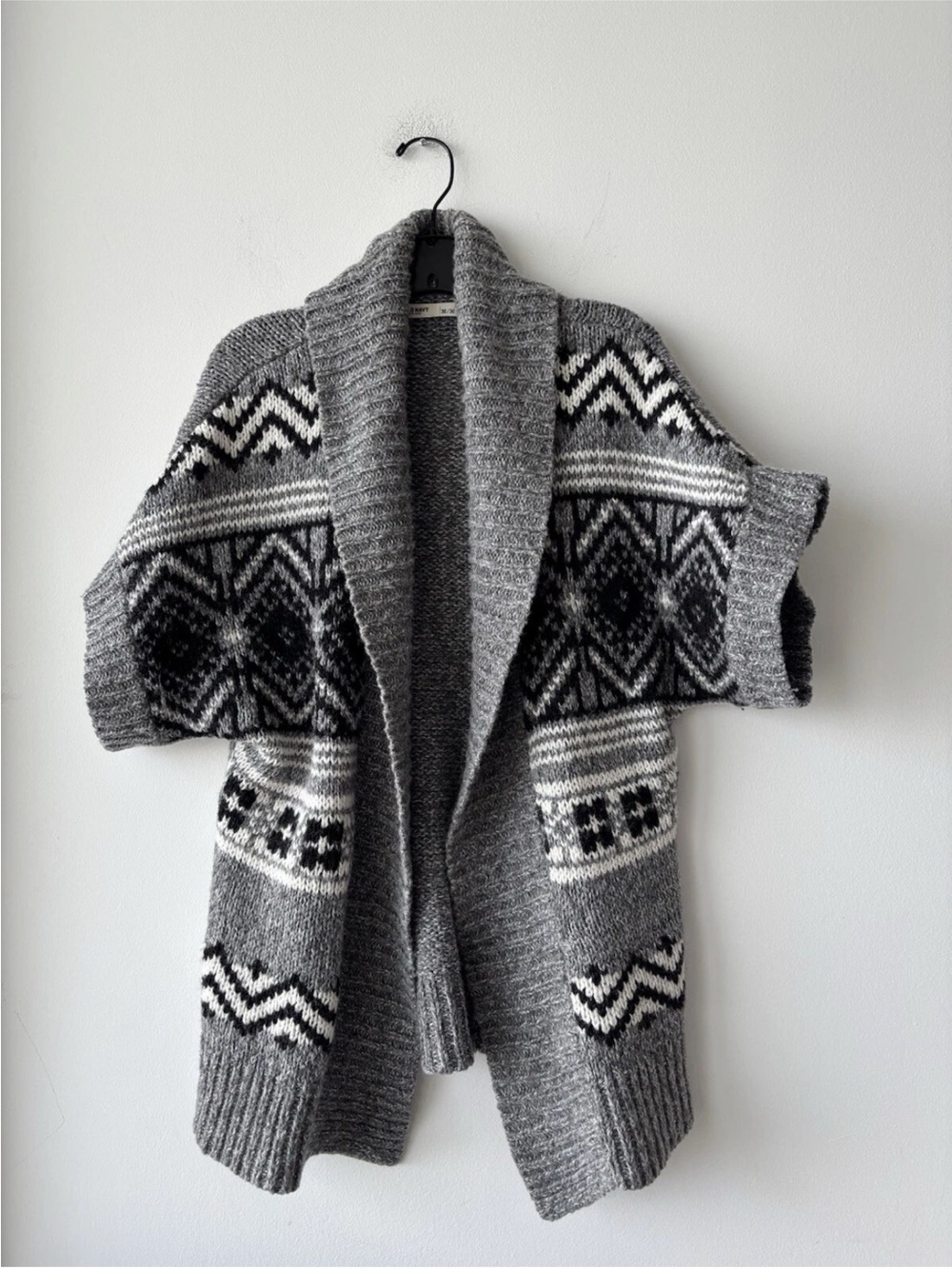 Y2K Old Navy Cardigan Sweater Gray Fair Isle Wool Chunky Knit Women M Preppy